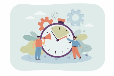 man-with-megaphone-and-woman-holding-hour-hand-scaled (1) Efficiency